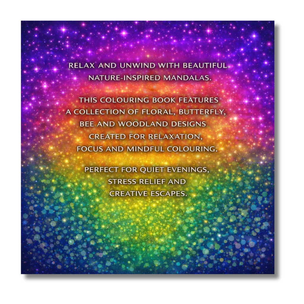 Colorful mandala design with text on a white background