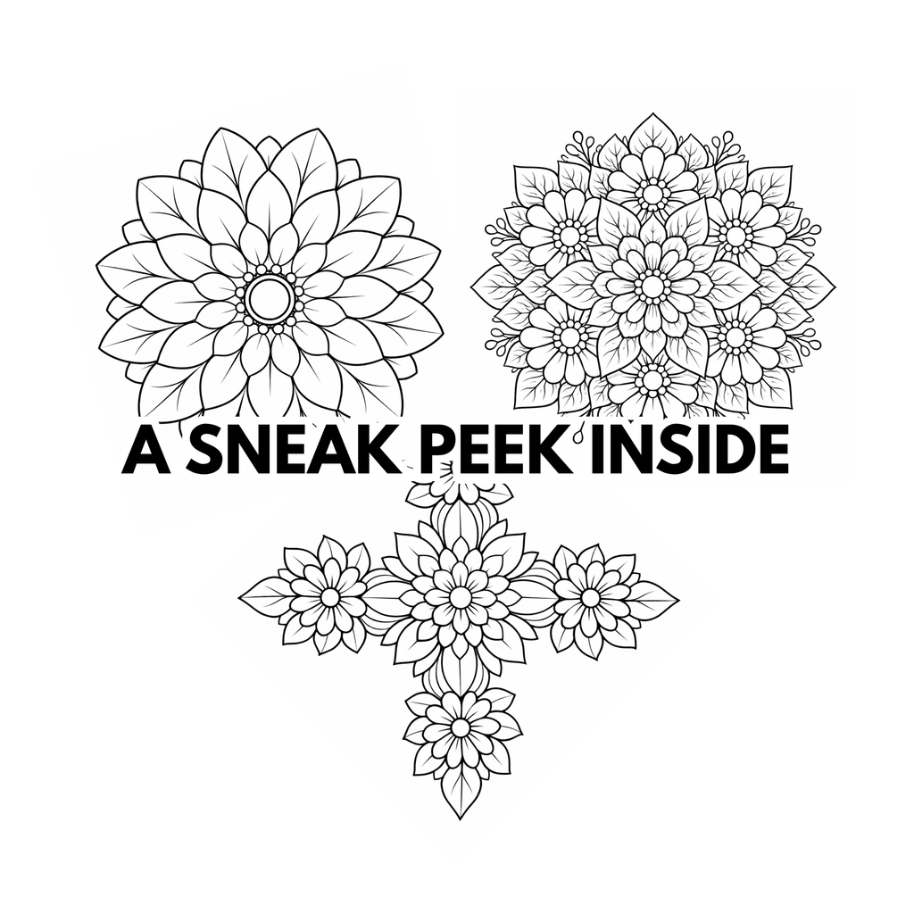 Black and white floral designs with text 'A SNEAK PEAK INSIDE' on a white background